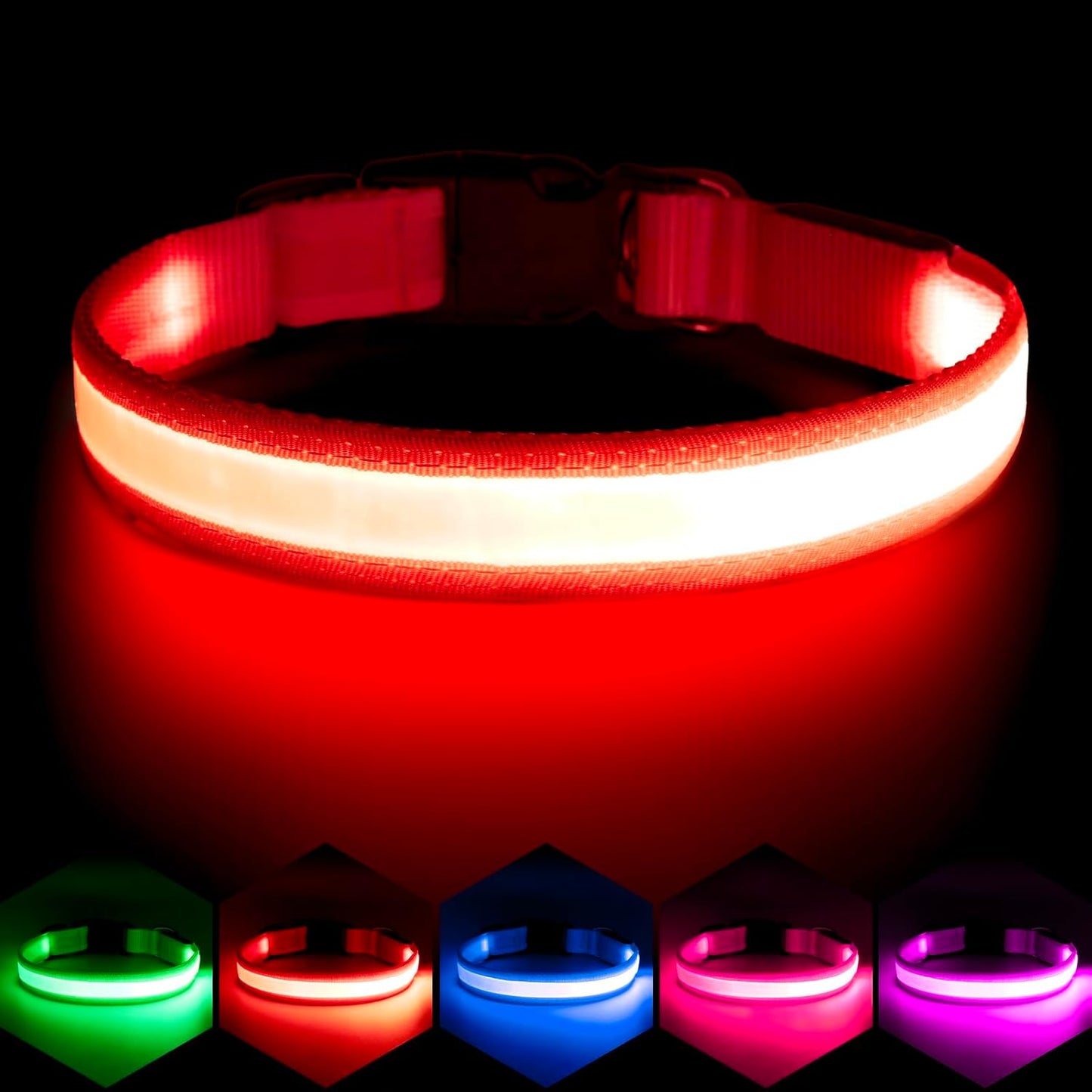 Adjustable USB Rechargeable LED Dog Collar with Super Bright Safety Light - Medium Size, Red